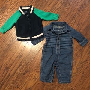 NWOT BABY GAP chambray denim jumpsuit onesie & zip front cardigan sweater 3-6M